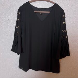 Thalia Sodi Black V-Neck Blouse with Grommet Sleeves